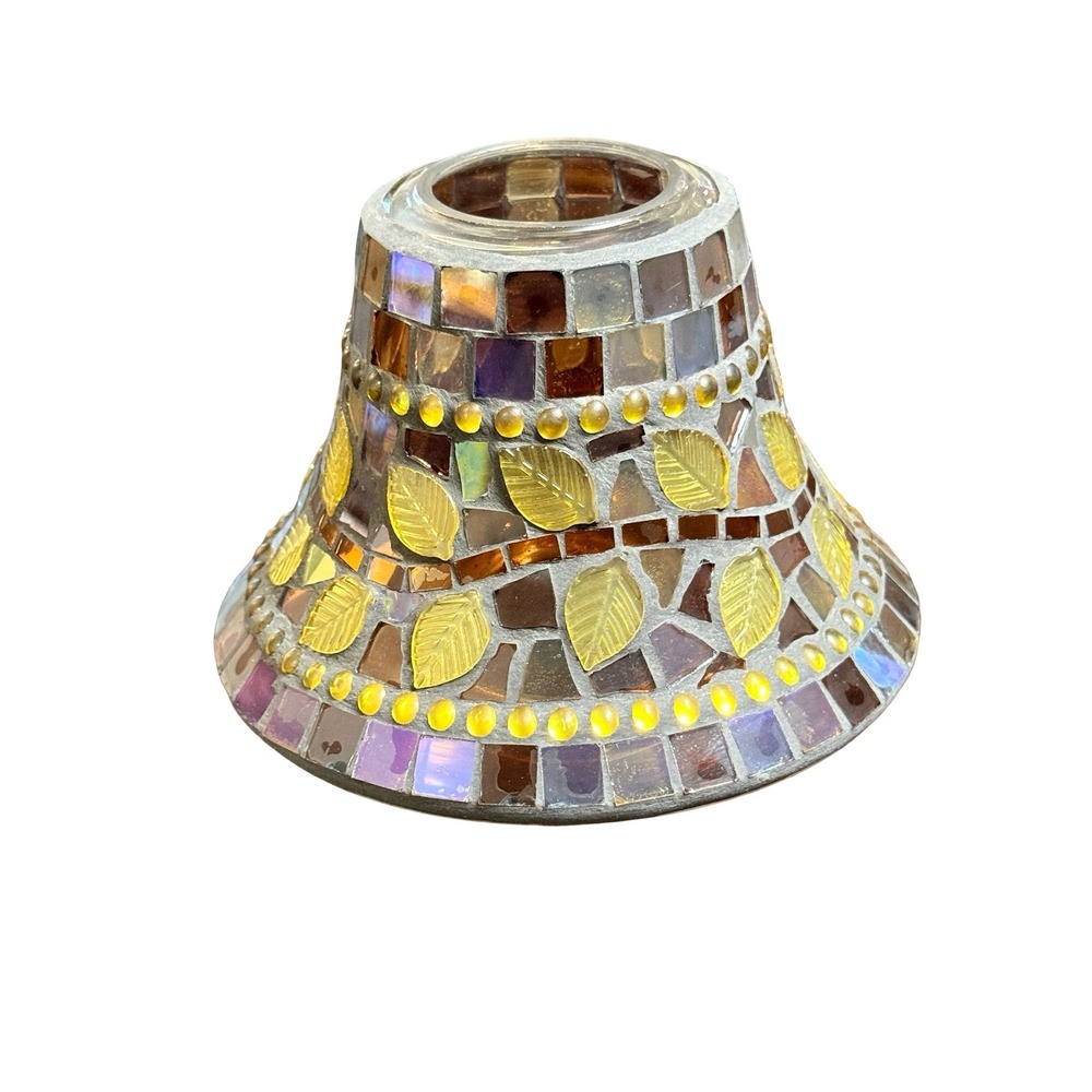 Yankee Candle Mosaic Leaves Glass Jar Candle Shade Topper Amber Brown Iridescent